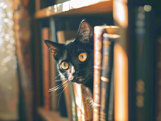 Wall Mural - A black cat is peeking out from behind a stack of books