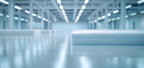 Poster - A large, empty room with a white bed in the center