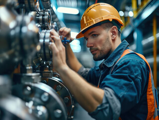 Poster - A man in a yellow helmet is working on a piece of machinery