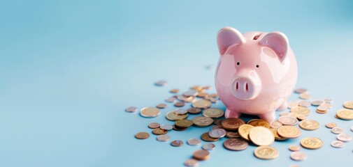 Poster - A pink piggy bank is sitting on a blue background with a pile of coins