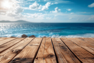 Wall Mural - Wooden Table Top with Blurred Sea and Sky Background Summer Vacation Concept Generative AI Image