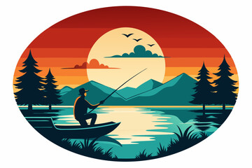 Wall Mural - vintage sunset color night fishing vector illustration