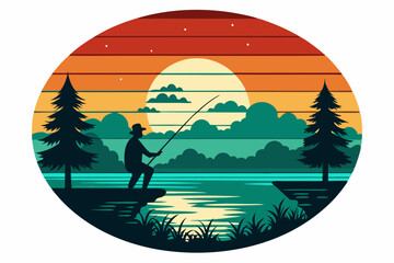 Wall Mural - vintage sunset color night fishing vector illustration
