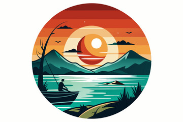Wall Mural - vintage sunset color night fishing vector illustration 