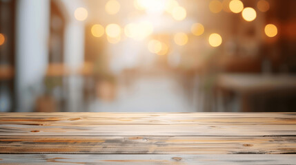 Wall Mural - Wooden Table Top with Blurred Abstract Background for Product Display Presentation High Resolution Soft Light White and Orange Colors