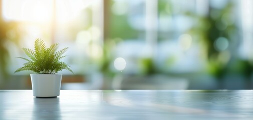 Poster - A potted plant sits on a table in front of a window