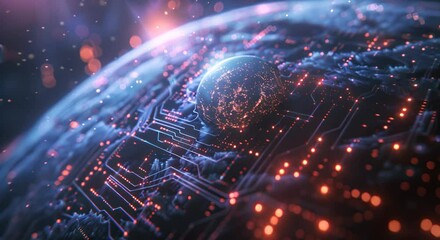 A computer chip is shown on a blue background. The chip is surrounded by a network of wires and circuits. Concept of technology and complexity