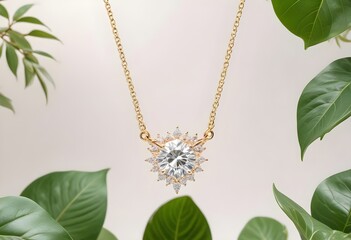 Dramatic high-contrast photograph highlighting the brilliant sparkle and shine of a stunning diamond and gold necklace, presented on a dark, velvety surface. mockup