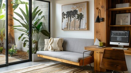 Aufkleber - A home office with a contemporary design features a comfortable couch, a desk with a computer, and a view of a patio with lush greenery.
