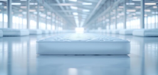 Poster - A white mattress is on a white floor in a large room