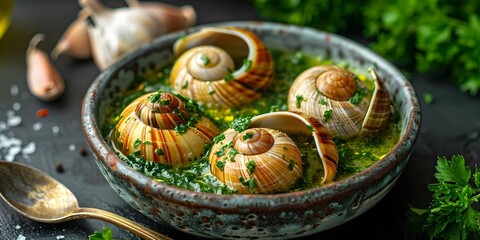 Wall Mural - Traditional French dish of snails cooked in garlic parsley butter. Concept French Cuisine, Escargot, Gourmet Dining, Garlic Butter, Exotic Foods