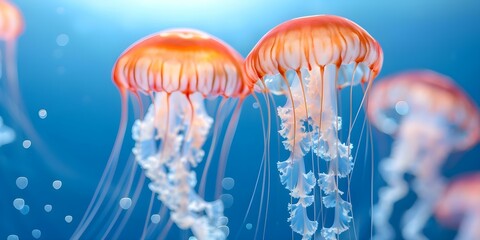 Wall Mural - Colorful jellyfish with blue background and bubbles floating in water. Concept Underwater Photography, Marine Life, Oceanic Creatures, Aquatic Beauty