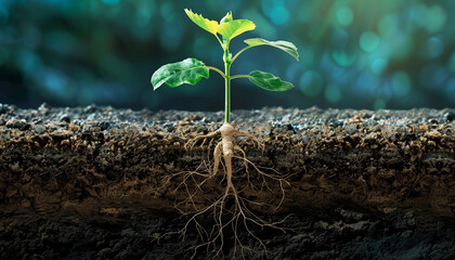 Wall Mural - Young plant in the sunlight rooted into the ground