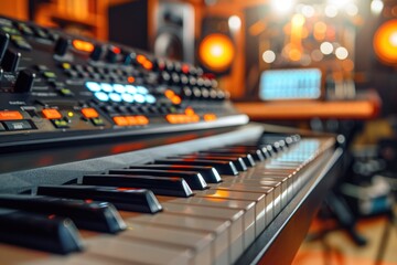 A close-up shot of a keyboard in a music studio, with buttons and a computer screen blurred in the background