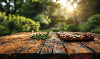 Wall Mural - Empty wooden table with blurred spring garden and barbecue in sunny backyard park for product display or montage