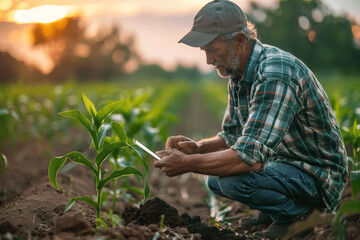 Middle-aged farmer reviewing crop performance using tablet in green corn field at sunset, application of technology in modern agriculture, sustainable farming practices, digital agribusiness
