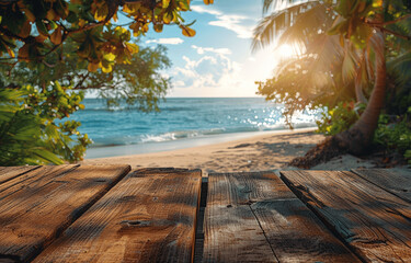 Wall Mural - Empty Wooden Table Top with Blurred Beach, Tropical Background, Summer Vacation, Product Display, High Quality
