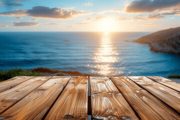 Wall Mural - Wooden Table Top with Blurred Blue Sea and Sky in Background Depicting Summer Vacation