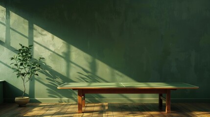 Wall Mural - A wooden bench sits in front of a green wall. Generate AI image