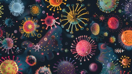 Poster - A digital illustration depicts many brightly colored viruses, with different shapes and sizes, against a dark, blue, and purple background.