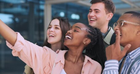 Canvas Print - Students, friends and selfie at university, peace sign or diversity with smile for memory, post or blog. Men, women and group with photography for profile picture, live streaming or social media app