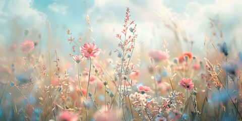 Wall Mural - Soft focus wildflowers in meadow evoke tranquility with dreamy ethereal atmosphere. Concept Tranquil Wilderness, Soft Focus Photography, Dreamy Atmosphere, Wildflower Meadows