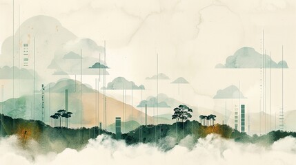 Harmonizing Nature and Technology: Digital Clouds Transmitting Tranquility Over Countryside Watercolor Painting