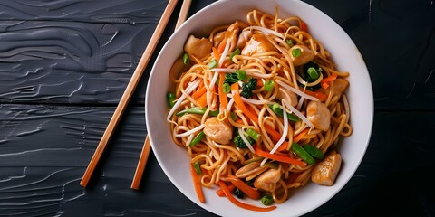Poster - Savor a homemade Chicken Lo Mein dish with stirfried vegetables and noodles. Concept Chicken Lo Mein Recipe, Homemade Chinese Food, Stir-fried Noodles, Easy Dinner Idea, Asian Cuisine