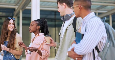 Canvas Print - College people, conversation and group walking, talking and morning journey for education, university learning or degree study. School, diversity students and friends explain plan on academy campus