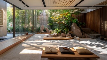 Fototapete - A contemporary interior design featuring a zen garden with sand, rocks, and plants. Sunlight streams in through large windows, illuminating the space.