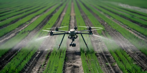 Wall Mural - A drone sprays fertilizer on agricultural fields from above for efficient application. Concept Agricultural Technology, Drone Applications, Precision Farming, Fertilizer Efficiency