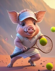 Canvas Print - Funny piglet playing tennis.