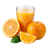 A glass of fresh orange juice with ripe oranges on a white background