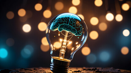 Wall Mural - Creative concept of human brain in light bulb. AI generated image. Creative brain Idea and light bulb concept