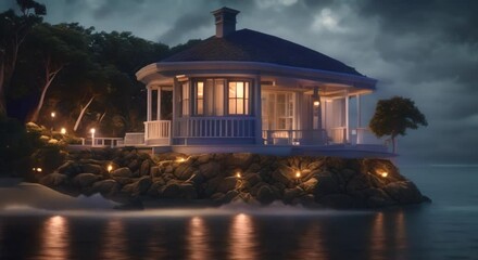 Sticker - Fantasy house isolated on a small island in the calm waters of the night ocean Tranquil solitude in a mystical setting Seamless looping time lapse virtual video animation background 4k animation