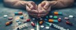 © HDP-STUDIO - Hands begging amidst scattered pills and syringes, depicting drug addiction and substance abuse suffering.
