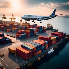 Flight flying above cargo ship in the harbor