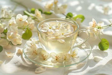 A Cup of green tea and white Jasmine flowers.Jasmine flowers in vase and two glass cups of green tea