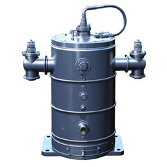 Sticker - An industriallooking device made of steel featuring a large cylindrical tank with a loud motor attached. There are multiple valves and gauges on the structure along with a long.