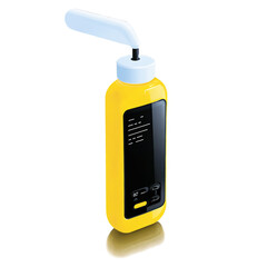 Sticker - A small handheld device with a flat base and a curved top containing a vial filled with yellow liquid and a black indicator line..