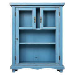 Canvas Print - A rustic wall cabinet made of distressed wood with a weathered blue finish. It has two doors with metal handles that open to reveal a spacious interior with two shelves and a.