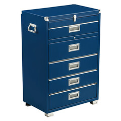 Sticker - This sy metal chest is rectangular in shape and features multiple drawers and compartments for storage. The exterior is painted a deep blue color while the drawers are accented by.