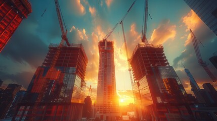 Sunset over a cityscape with towering construction cranes and skyscrapers, showcasing urban development and modern architecture.