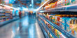 © AI Visual Vault - Supermarket aisle filled with rows of packaged goods blurred shoppers in the background, creating a sense of movement and abundance.