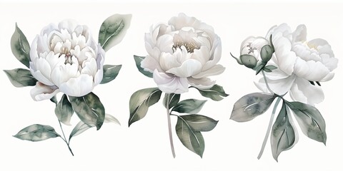 Wall Mural - A series of peony flowers with green leaves and pink petals, watercolor on white background