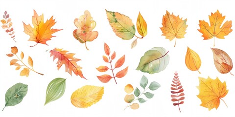 Wall Mural - A collection of watercolor leaves in various shades of yellow and green. The leaves are arranged in a line, with some overlapping and others standing alone