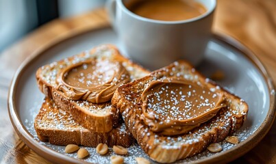 Wall Mural - Peanut butter spread on bread toast in a plate served with a cup of coffee