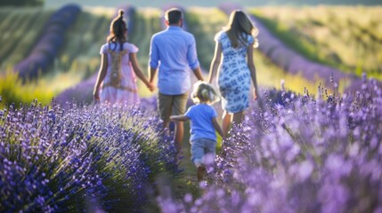 Parents and children walking through a lavender field