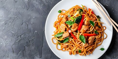 Wall Mural - Delicious homemade Chicken Lo Mein with vegetables served in a white plate. Concept Chicken Lo Mein Recipe, Homemade Cooking, Asian Cuisine, Stir Fry Dish, Food Presentation