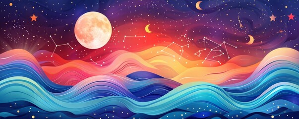 Sticker - Abstract Night Sky with Wavy Hills and Stars.